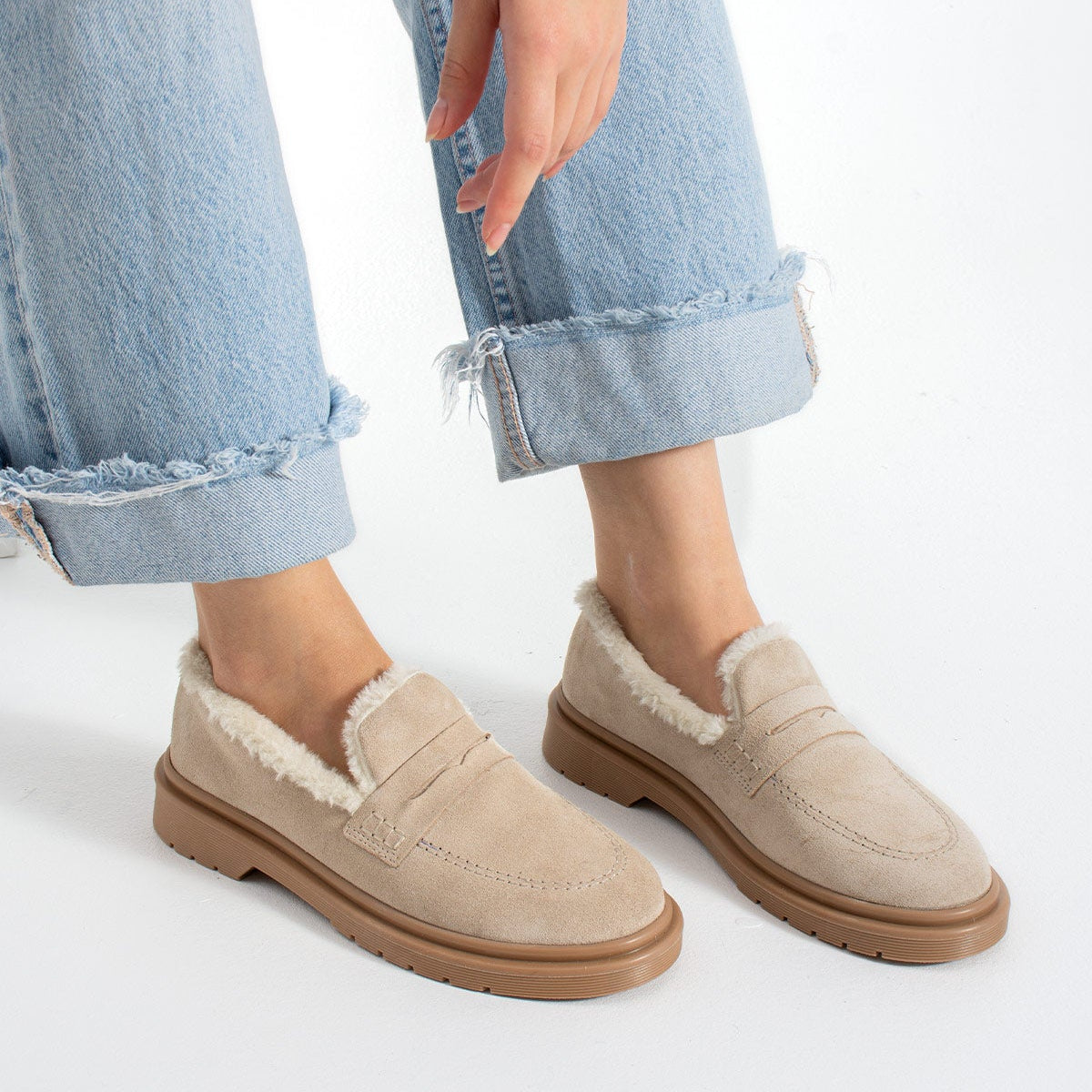 Kadın Hakiki Süet İçi Kürklü Kalın Taban Loafer