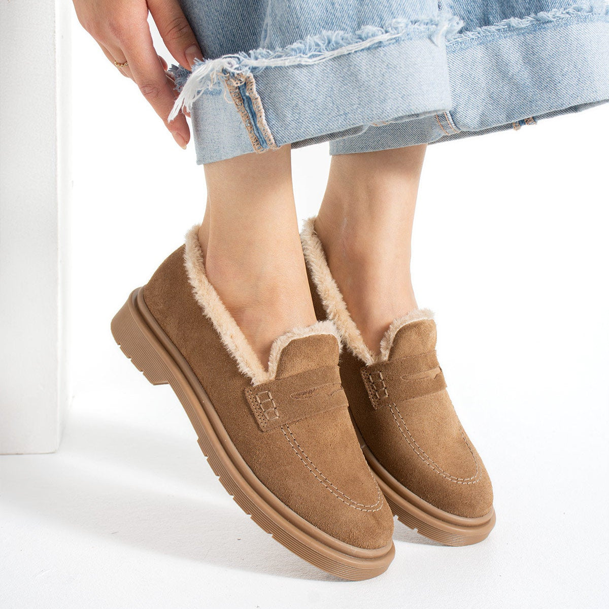 Kadın Hakiki Süet İçi Kürklü Kalın Taban Loafer
