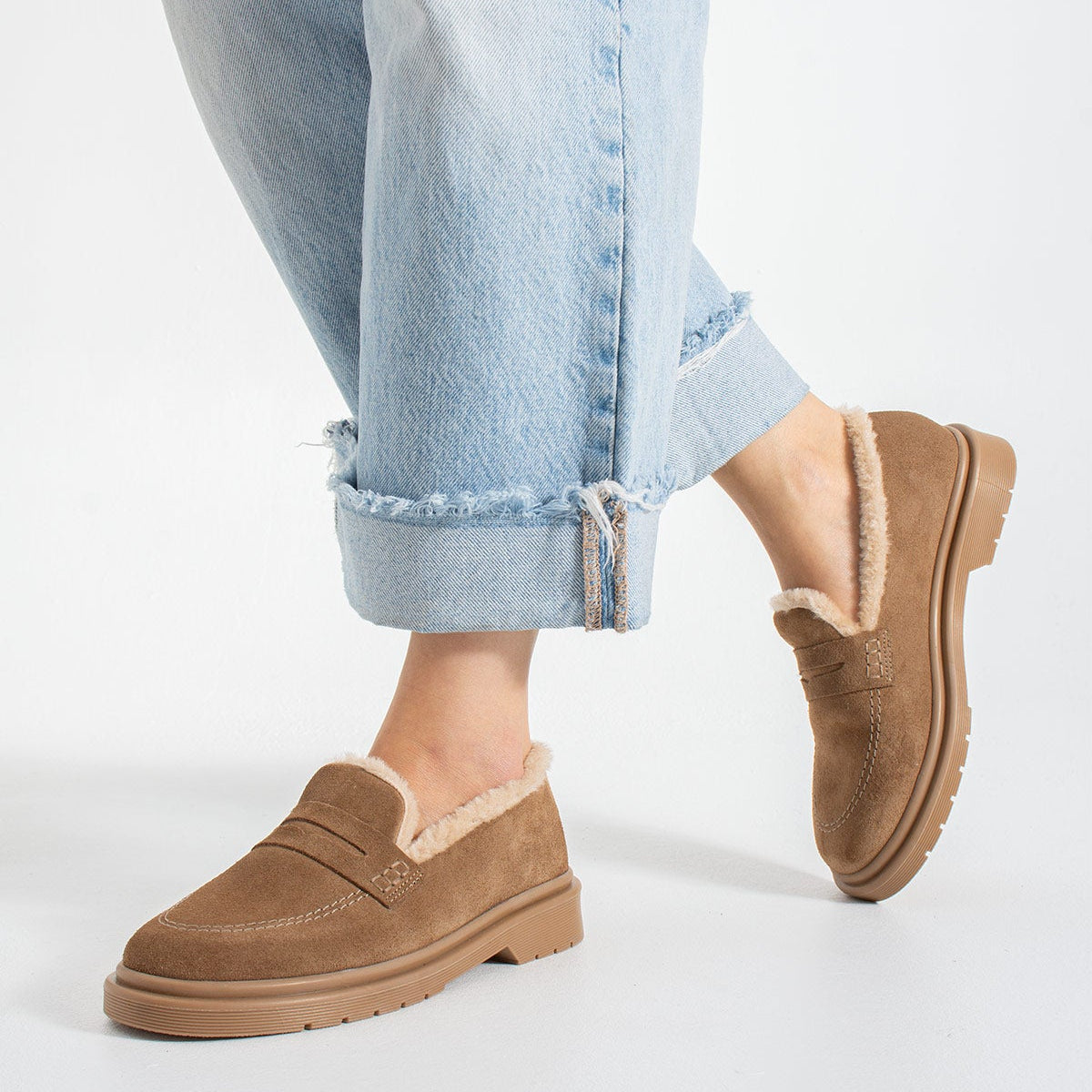 Kadın Hakiki Süet İçi Kürklü Kalın Taban Loafer