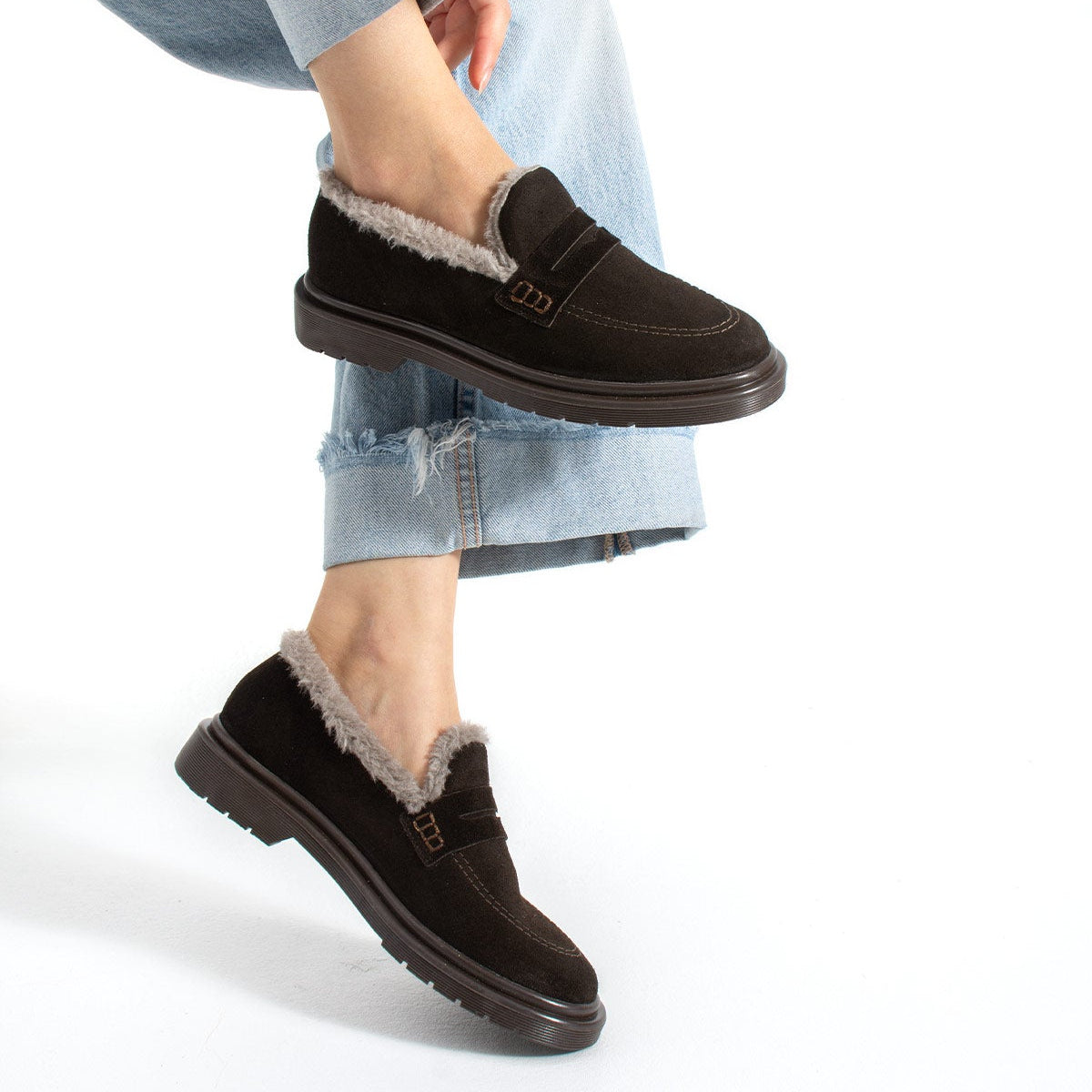 Kadın Hakiki Süet İçi Kürklü Kalın Taban Loafer