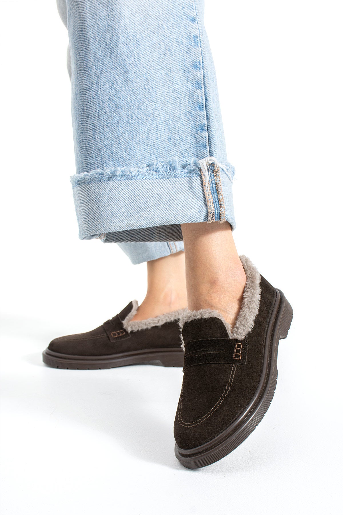 Kadın Hakiki Süet İçi Kürklü Kalın Taban Loafer